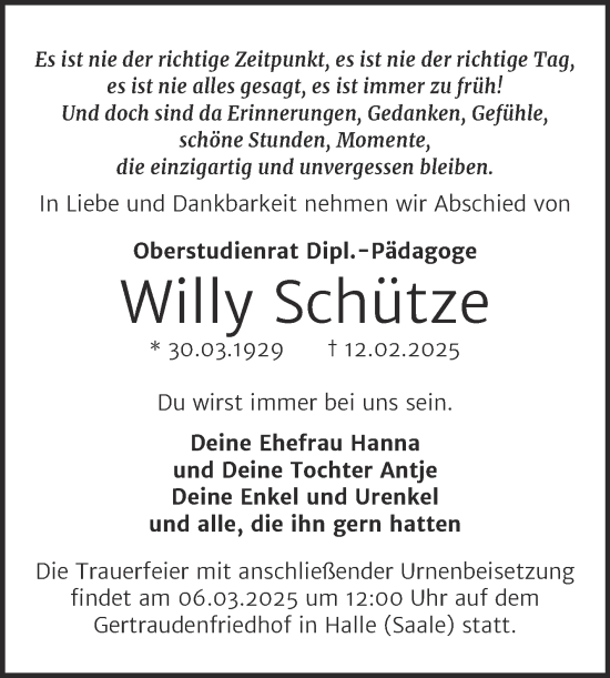 Traueranzeige von Willy Schütze von Mitteldeutsche Zeitung Halle/Saalkreis