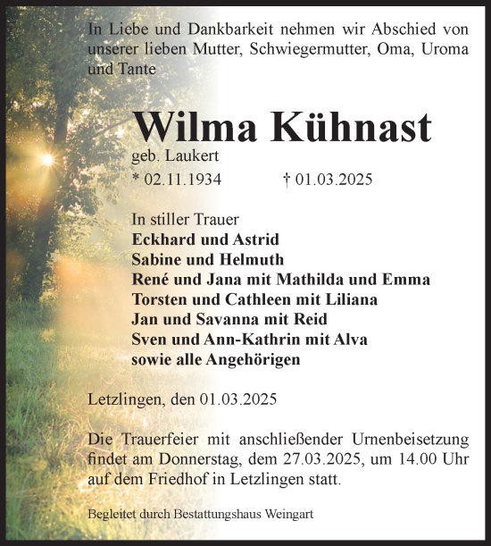 Traueranzeige von Wilma Kühnast von Volksstimme Altmark West