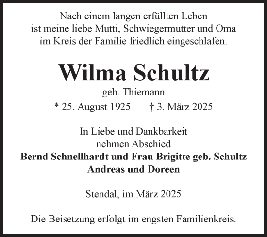 Traueranzeige von Wilma Schultz von Volksstimme Altmark Ost