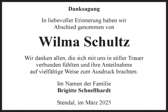 Traueranzeige von Wilma Schultz von Volksstimme Altmark Ost