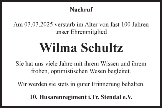 Traueranzeige von Wilma Schultz 