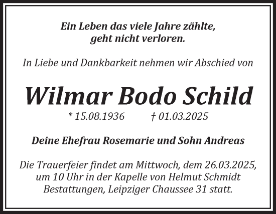 Traueranzeige von Wilmar Bodo Schild von Volksstimme Magdeburg