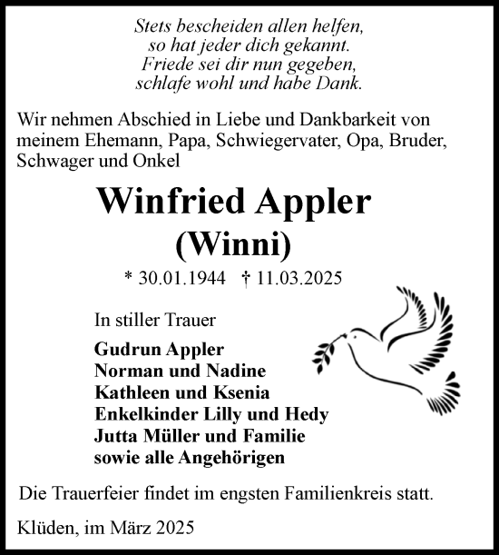 Traueranzeige von Winfried Appler von Volksstimme Haldensleben/Wolmirstedt