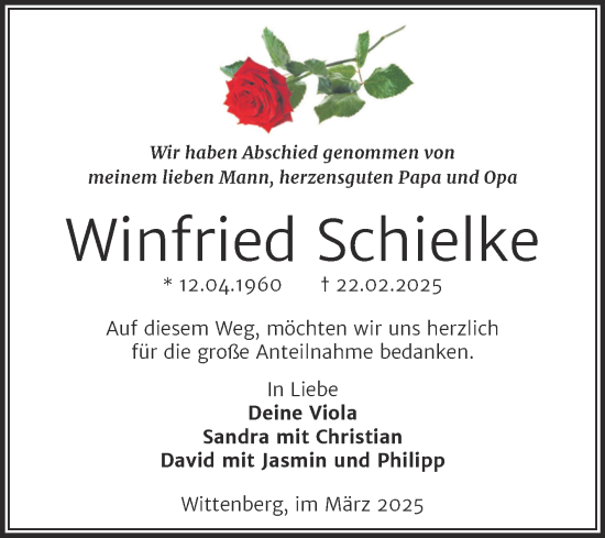 Traueranzeige von Winfried Schielke von Trauerkombi Wittenberg