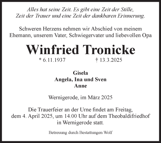 Traueranzeige von Winfried Tronicke von Volksstimme Wernigerode
