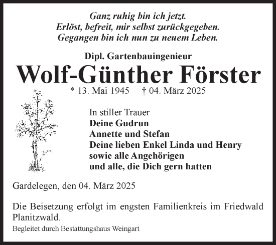 Traueranzeige von Wolf-Günther Förster von Volksstimme Altmark West