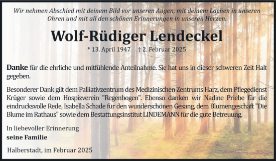 Traueranzeige von Wolf-Rüdiger Lendeckel von Volksstimme Halberstadt