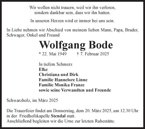 Traueranzeige von Wolfgang Bode von Volksstimme Altmark Ost