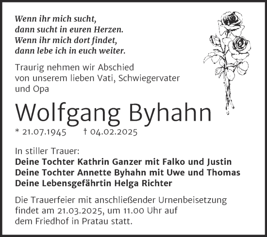 Traueranzeige von Wolfgang Byhahn von Trauerkombi Wittenberg