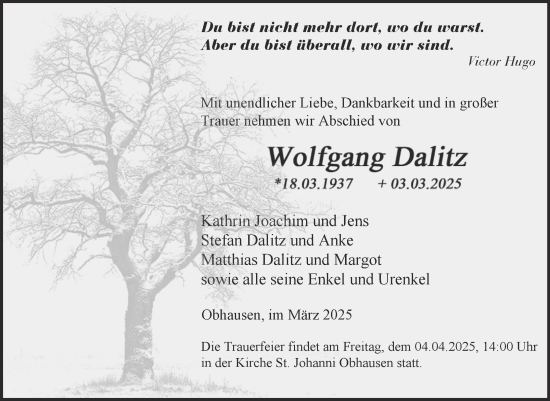 Traueranzeige von Wolfgang Dalitz von Trauerkombi Merseburg
