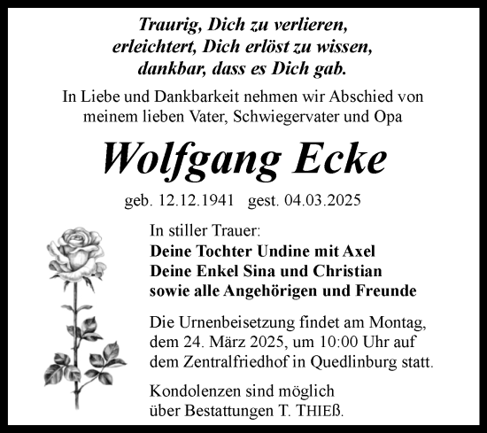 Traueranzeige von Wolfgang Ecke von Trauerkombi Quedlinburg