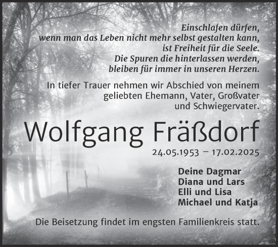Traueranzeige von Wolfgang Fräßdorf von Trauerkombi Wittenberg