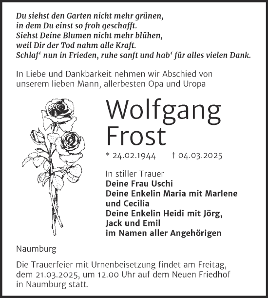 Traueranzeige von Wolfgang Frost von Super Sonntag Naumburg/Nebra