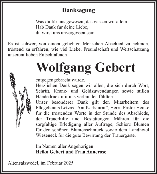 Traueranzeige von Wolfgang Gebert von Volksstimme Altmark West