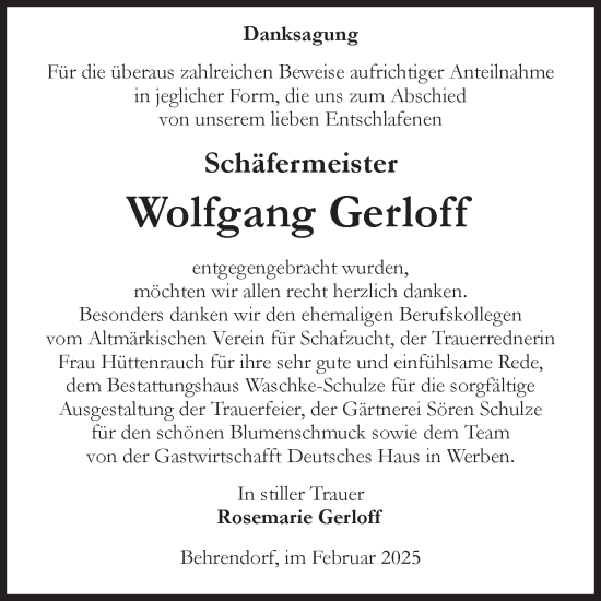 Traueranzeige von Wolfgang Gerloff von Volksstimme Altmark Ost