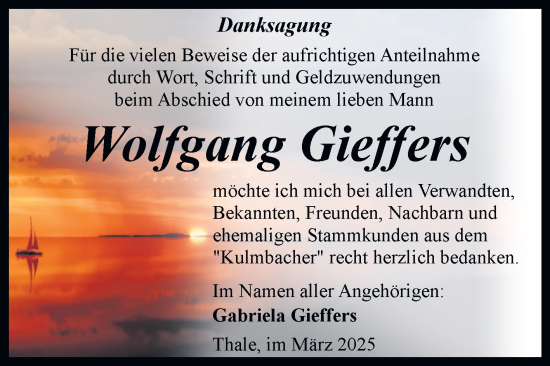 Traueranzeige von Wolfgang Gieffers von Trauerkombi Quedlinburg
