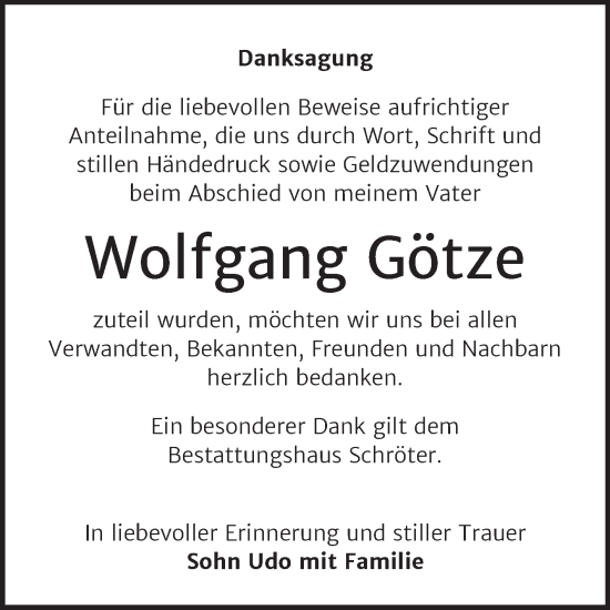 Traueranzeige von Wolfgang Götze von Trauerkombi Bitterfeld