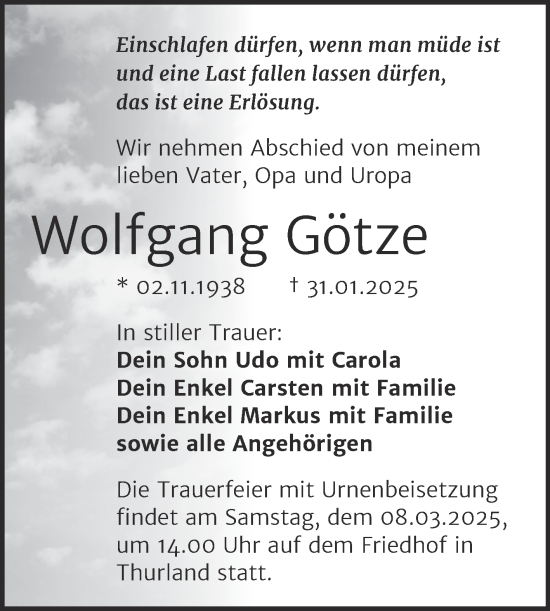 Traueranzeige von Wolfgang Götze von Trauerkombi Bitterfeld