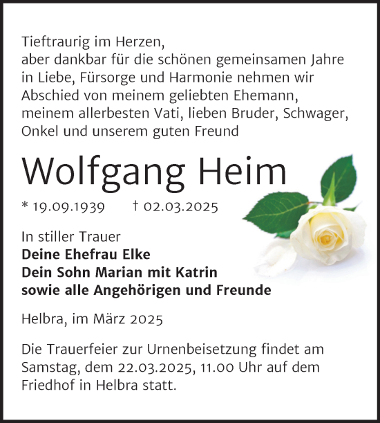 Traueranzeige von Wolfgang Heim von Trauerkombi Mansfelder Land