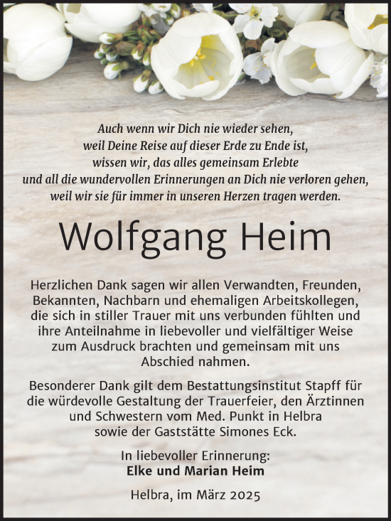 Traueranzeige von Wolfgang Heim von Trauerkombi Mansfelder Land