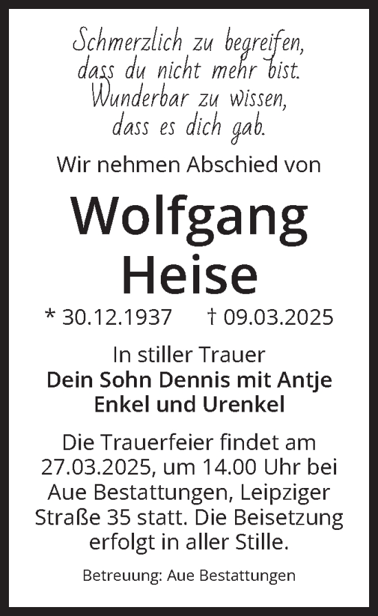 Traueranzeige von Wolfgang Heise von Volksstimme Magdeburg