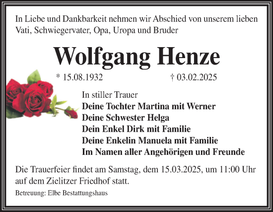 Traueranzeige von Wolfgang Henze von Volksstimme Haldensleben/Wolmirstedt