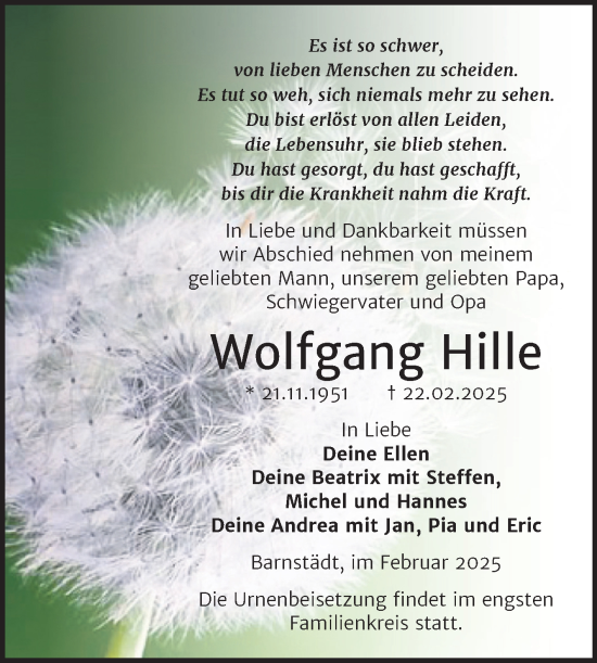 Traueranzeige von Wolfgang Hille von Trauerkombi Merseburg