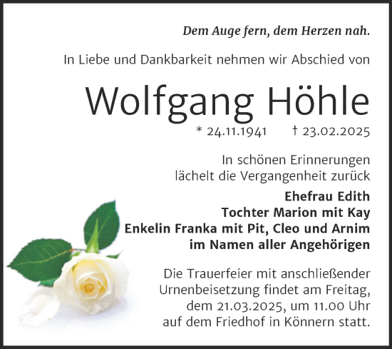 Traueranzeige von Wolfgang Höhle von Trauerkombi Bernburg