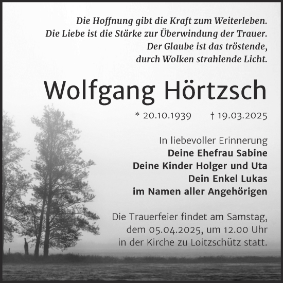 Traueranzeige von Wolfgang Hörtzsch von Trauerkombi Zeitz