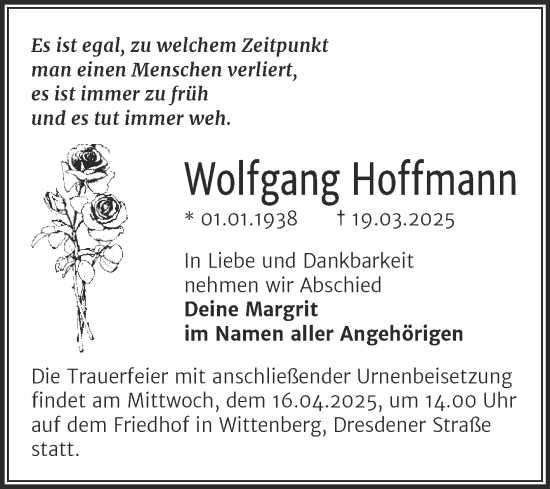 Traueranzeige von Wolfgang Hoffmann von Trauerkombi Wittenberg