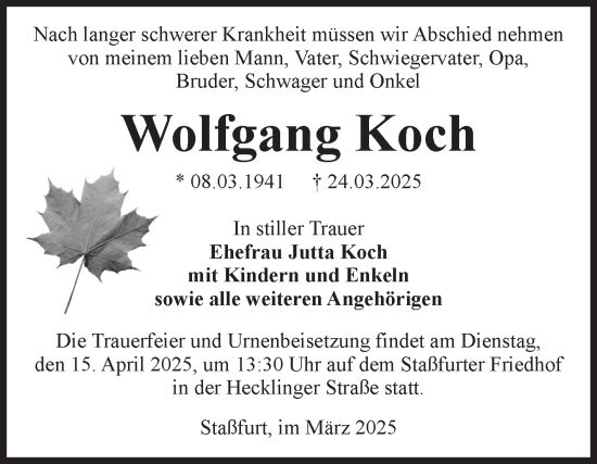 Traueranzeige von Wolfgang Koch von Volksstimme Staßfurt
