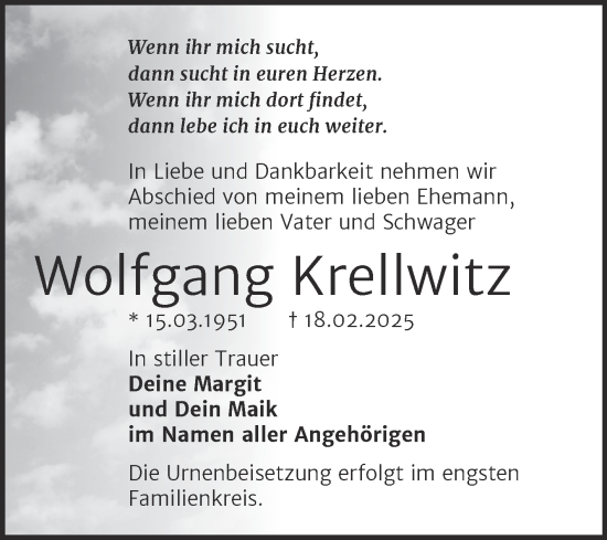 Traueranzeige von Wolfgang Krellwitz von SuperSonntag Bitterfeld