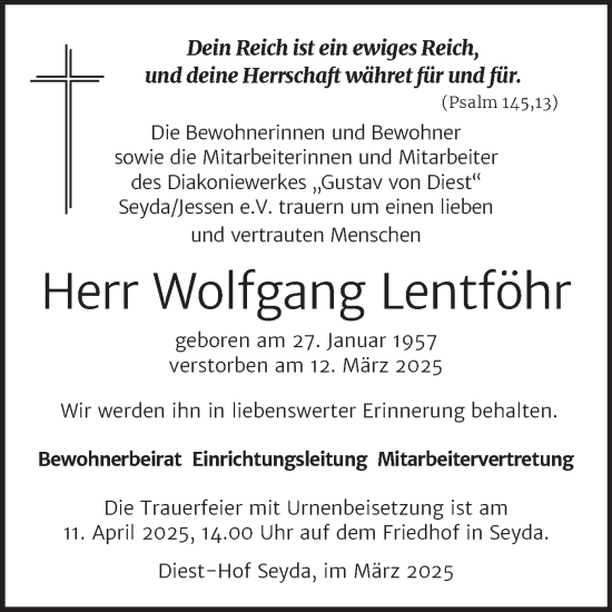 Traueranzeige von Wolfgang Lentföhr von Super Sonntag Wittenberg