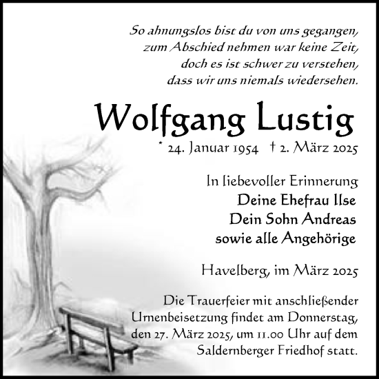 Traueranzeige von Wolfgang Lustig von Volksstimme Altmark Ost