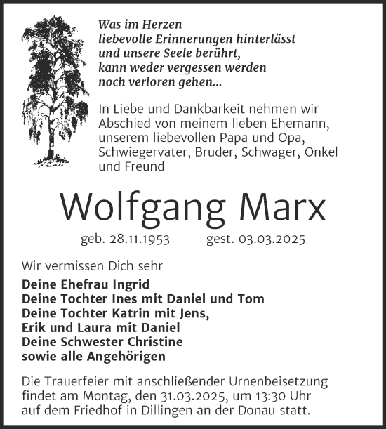Traueranzeige von Wolfgang Marx von Trauerkombi Köthen