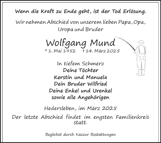 Traueranzeige von Wolfgang Mund von Super Sonntag Quedlingburg