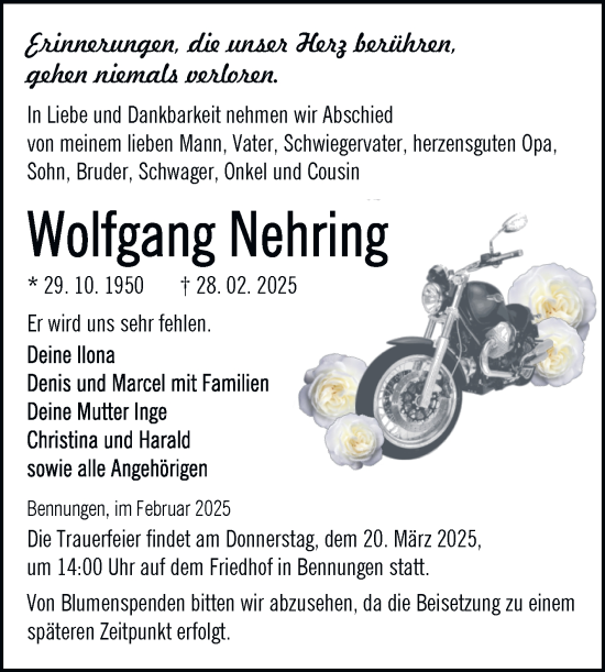 Traueranzeige von Wolfgang Nehring von Trauerkombi Sangerhausen