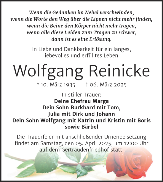 Traueranzeige von Wolfgang Reinicke von Mitteldeutsche Zeitung Halle/Saalkreis