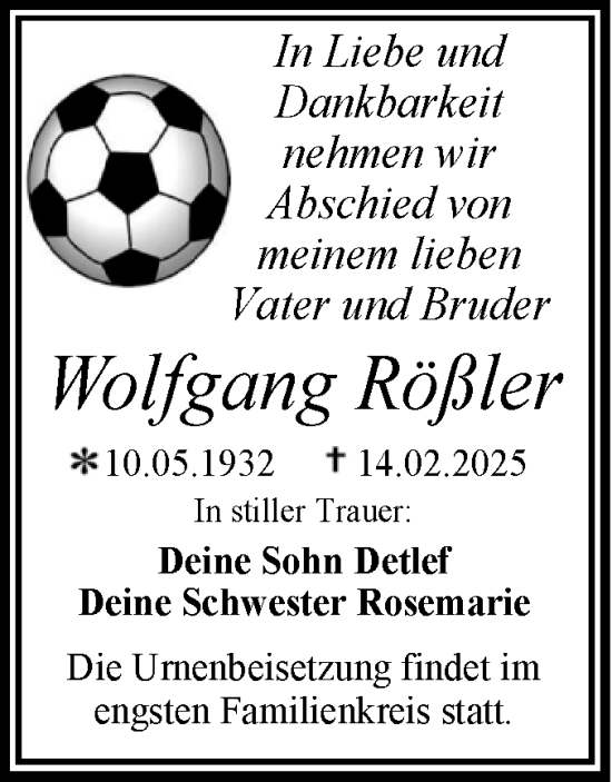 Traueranzeige von Wolfgang Rößler von Trauerkombi Wittenberg