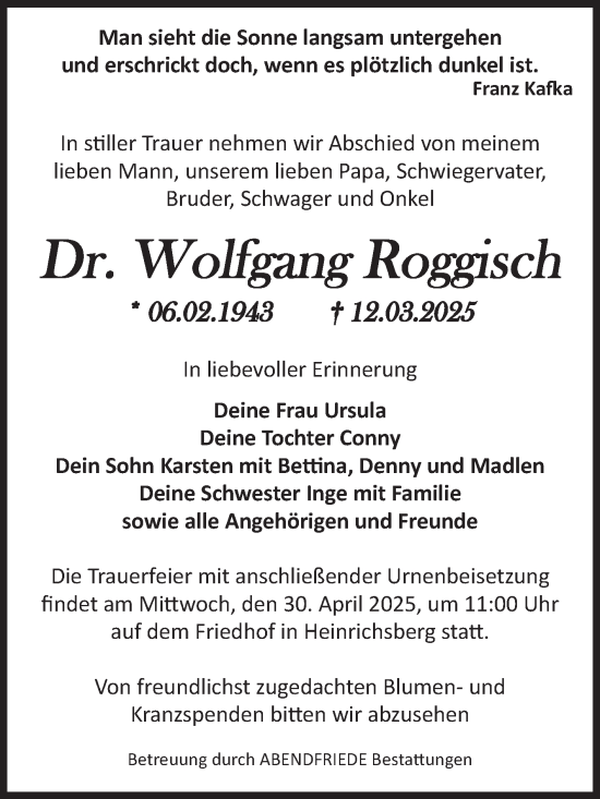 Traueranzeige von Wolfgang Roggisch von Volksstimme Haldensleben/Wolmirstedt