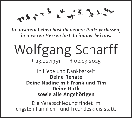 Traueranzeige von Wolfgang Scharff von Trauerkombi Sangerhausen