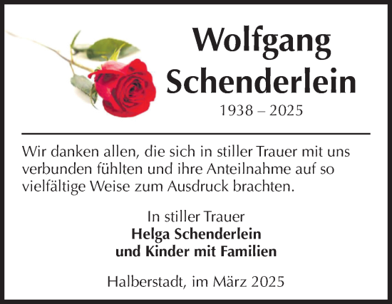 Traueranzeige von Wolfgang Schenderlein von Volksstimme Halberstadt