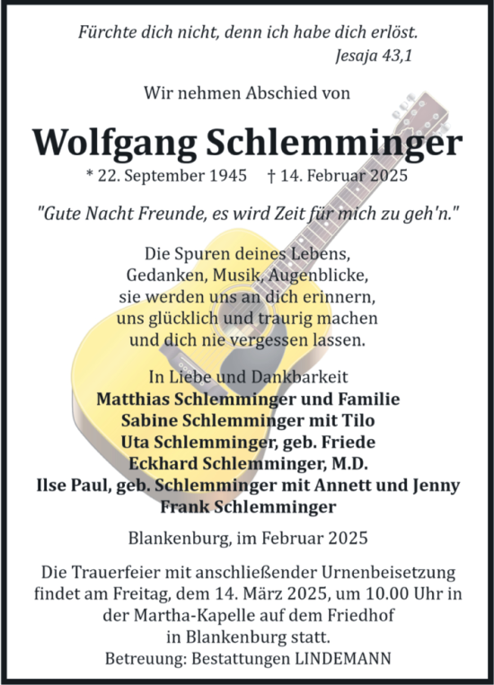 Traueranzeige von Wolfgang Schlemminger von Volksstimme Wernigerode