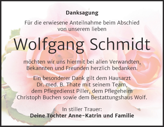 Traueranzeige von Wolfgang Schmidt von Trauerkombi Weißenfels