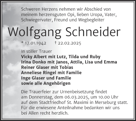 Traueranzeige von Wolfgang Schneider von Trauerkombi Merseburg