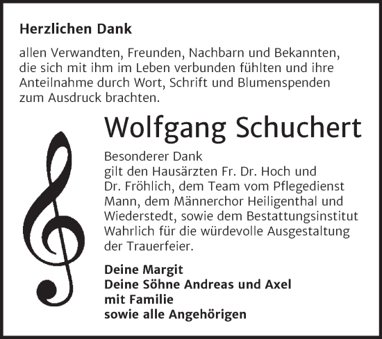 Traueranzeige von Wolfgang Schuchert von Trauerkombi Mansfelder Land