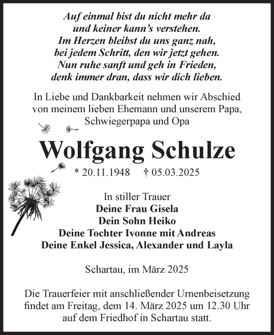 Traueranzeige von Wolfgang Schulze von Volksstimme Burg/Genthin