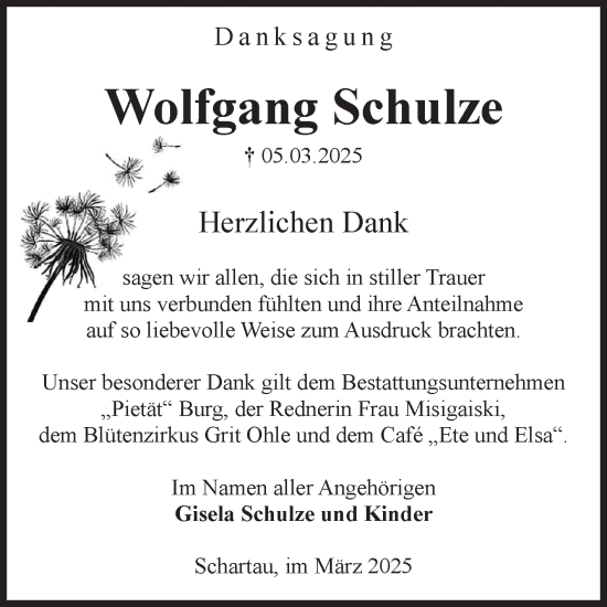 Traueranzeige von Wolfgang Schulze von Volksstimme Burg/Genthin