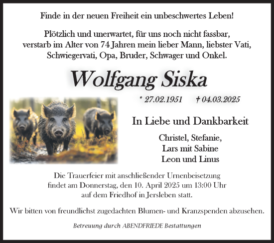 Traueranzeige von Wolfgang Siska von Volksstimme Haldensleben/Wolmirstedt