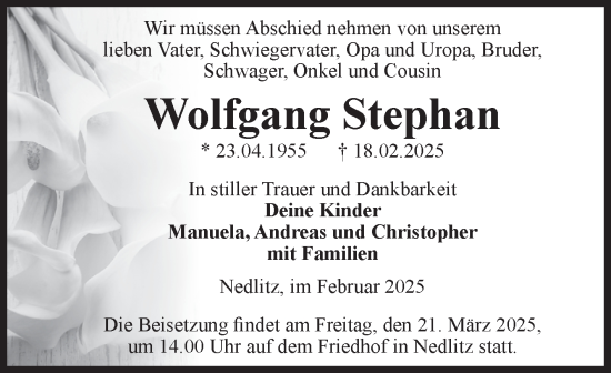 Traueranzeige von Wolfgang Stephan von Volksstimme Zerbst